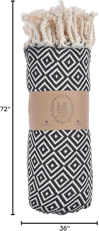 Personalized embroidered Beach Towel | Throw Blanket, Easy to Carry, Sand Free, Highly Absorbent, Quick Dry, Turkish Towels for Camping Bath Sauna Beach Gym Pool Yoga SPA by Lahammam, Malta, Black
