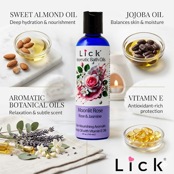 Lick Midnight Rose & Jasmine Aromatic Bath Oil - Calming Floral Scents - Aromatherapy Oils for Bath Relaxation, 4 oz