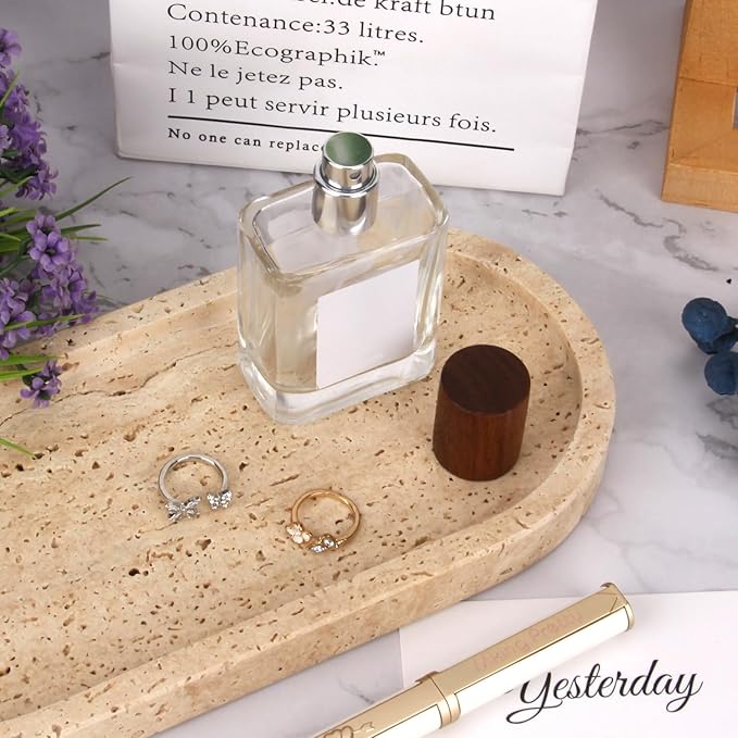 Natural Marble Tray Oval, Bathroom Vanity Tray for Countertop, Elegant Stone Decorative Organizer for Perfume, Jewelry, Home Decor (1, Travertine, 10 x 5 x 0.6)