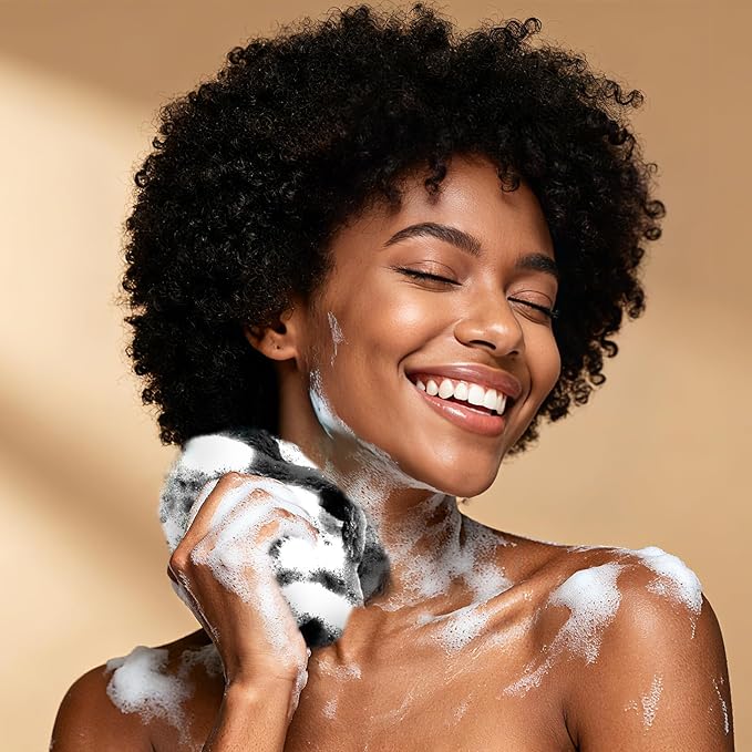 Real African Net Sponge - 2 Pieces Premium Body Exfoliator - Gentle Scrub for Dry/Sensitive Skin - Durable & Easy Rinse Shower Essential (Black Gray)