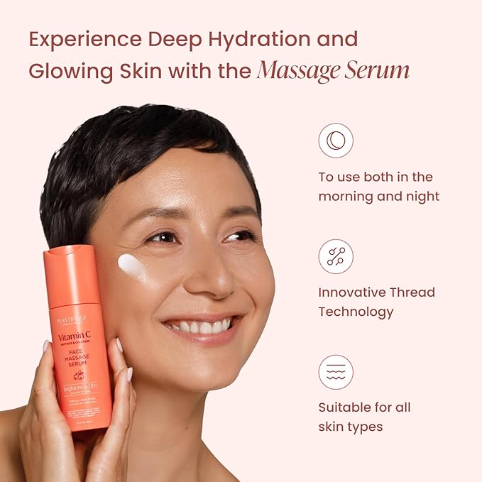 PLANTIFIQUE Massage Set: Rose Quartz Gua Sha & Vitamin C Face Serum Korean with Collagen and Peptides for Hydrated & Glowing Skin (30ml) - Skincare Gifts for Women, Moms, Teens