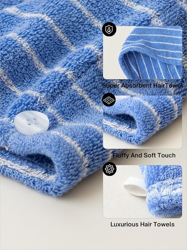 WENSHUO Azure Holiday-Striped Hair Towel Wrap-Drying Tool,100% Combed Cotton,Luxury Hair Dry Towels,Super Absorbent with Button Fasten(Pack of 1)