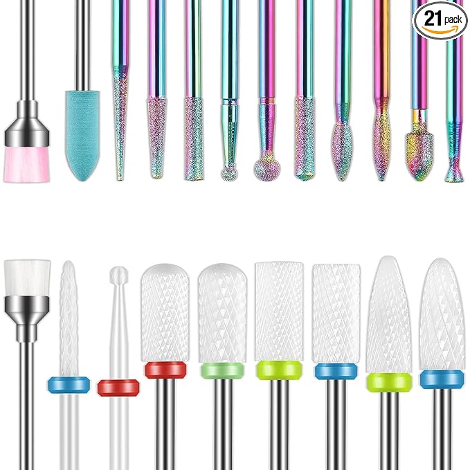 Depvko 21pcs Nail Drill Bits Sets, 3/32 Inch Cuticle Electric Nail File and Ceramic Acrylic Gel Nail Bit Kit, Acrylic Nail Art Tools, Carbide Remover Bits for Manicure Pedicure, Home Salon