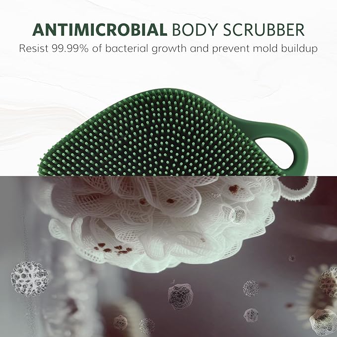Sndyi Silicone Body Scrubber, Gentle Exfoliating Body Scrubber for Sensitive Skin, Leaf Shaped Shower Scrubber for Body with Lathering Bristles, Silicone Loofah Body Brush for Showering, Evergreen