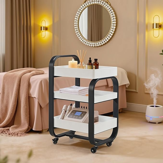 BarberPub Salon Storage Trolley with Shelves, Beauty SPA Rolling Cart with Lockable Wheels, 3-Tier Stylist Tool Organizer, Barber Mobile Station Equipment 2085 (Black)