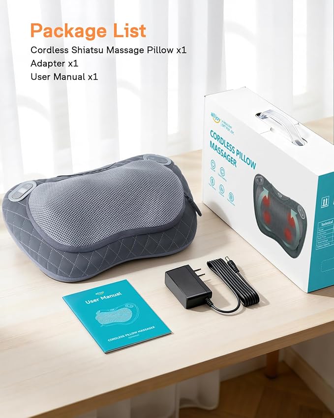 ALLJOY Cordless Neck and Back Massager with Heat & LCD Display - Rechargeable Shiatsu Massage Pillow for Muscle Pain Relief, Use While Charging, Gifts for Women Men