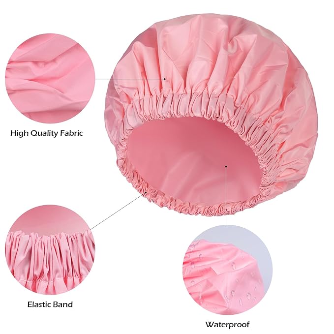 Shower Cap for Women Reusable Waterproof, Large Bath Cap with Elastic Band, Hair Caps for Long Hair and Braids, Pink