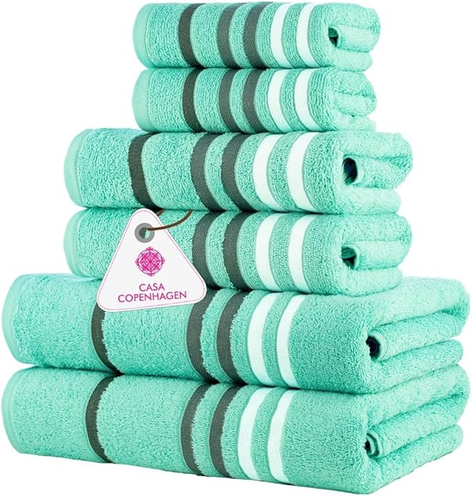 CASA COPENHAGEN Exotic 6Pcs 100% Egyptian Cotton Designer Towels Gift Set- Aqua Blue, 550GSM,2Bath2Hand2Washcloths,Bath Towels for Bathroom (Box Pack,Gift Ribbon Set for Women & Men)