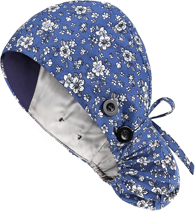 Satin Lined Scrub Caps with Buttons & Sweathand, Surgical Caps for Women