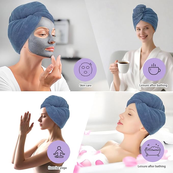 Microfiber Hair Drying Towel Wrap for Women, Hair Turbans Towel for Wet Hair,turbie Twist Hair Towels(The Color of the Picture is for Reference only) (Dark Blue-Double Layer)