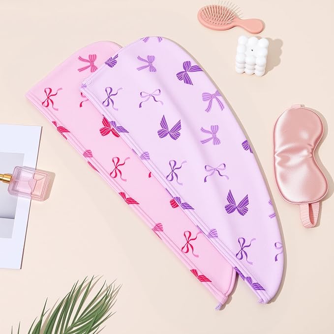 Unicorn Castle Microfiber Hair Towel for Kids 2Pack Hair Wrap Towels Absorbent Hair Drying Towel Wrap Hair Turbans for Curly Thick Hair, Pink Purple Bow
