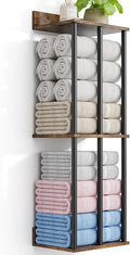 Towel Racks for Bathroom Wall Mounted with Wooden Storage Shelf, Updated 3 Bar Metal Towel Holder for Rolled Towels, Sturdy and Large Capacity, Towel Storage Organizer