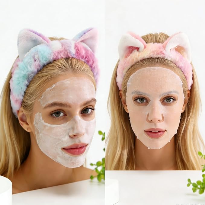2 PCS Cute Cat Ear Spa Headband For Washing Face, Skincare Makeup Headbands For Women, Soft Coral Fleece Hair Accessories (Gradient Pink, Blue)