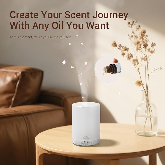 ASAKUKI Essential Oil Diffuser for Home, 300 ml Humidifier with Automatic Shut-Off, Quiet Aromatherapy Diffuser with 7 LED Lights for Living Room, Kitchen, Bedroom, Hotel, Gift for Mom - White Wood