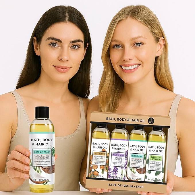 Bath Oil Body Oil with Shea Butter, Lavender, Eucalyptus Mint, Coconut Scent Bath Oils, Gifts for Women, 34.4 fl oz (Pack of 4)