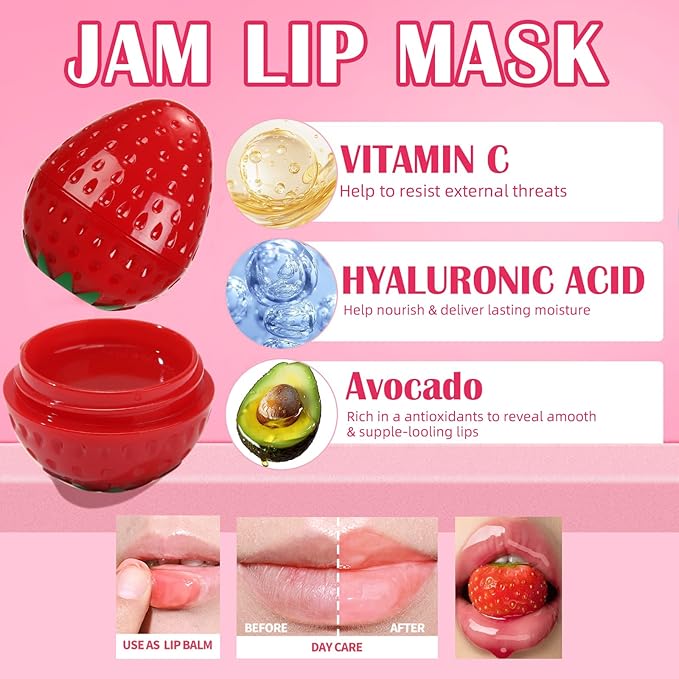 6 PCS Mini Bee Lip Balm Lip Mask Fruit Pot,Strawberry Lip Balm for Teens Girls 8-12,Peach,Cherry Moisturizing Lip Sleeping Mask Overnight Lip Treatment,Color lip Balm Gifts Set,Mothers Day Gifts