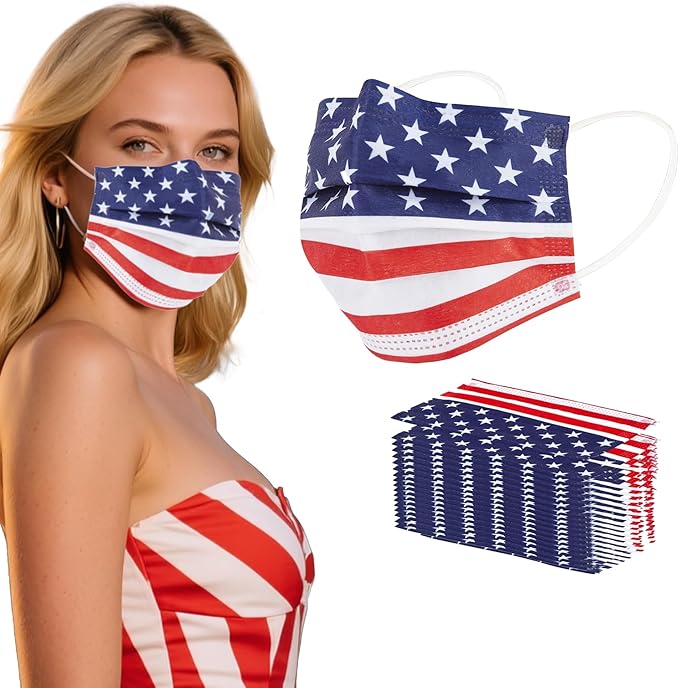akgk 100PCS Disposable Face Masks with USA Flag Print, 3-Ply Breathable Face Mask For Adults