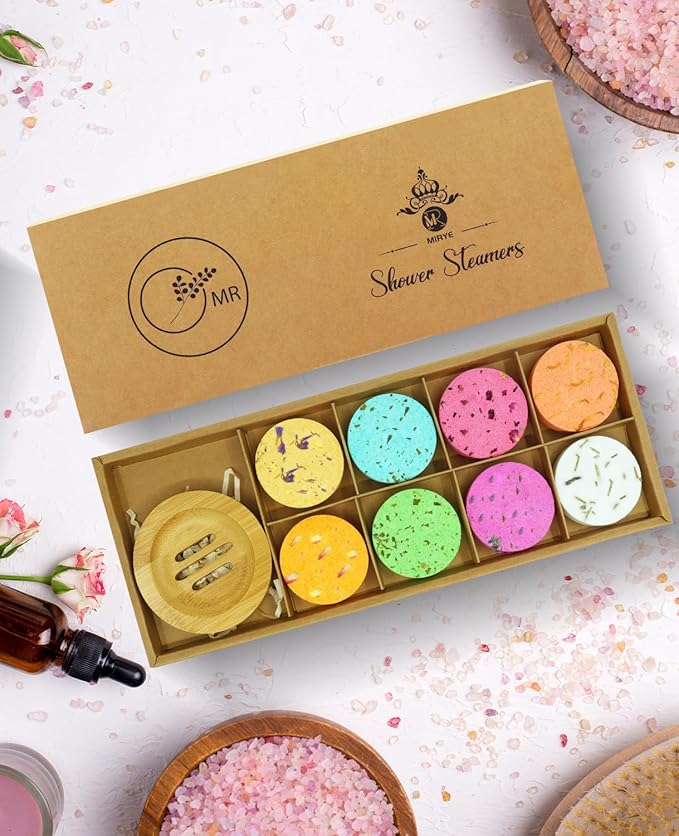 Shower Steamers Aromatherapy - 8 Pack Organic Shower Bombs with Shower Steamer Tray/Holder, Self Care Natural Essential Oil, Stress Relief Shower Bombs, Mothers Spa Gifts for Women, Wife, Her, Mom