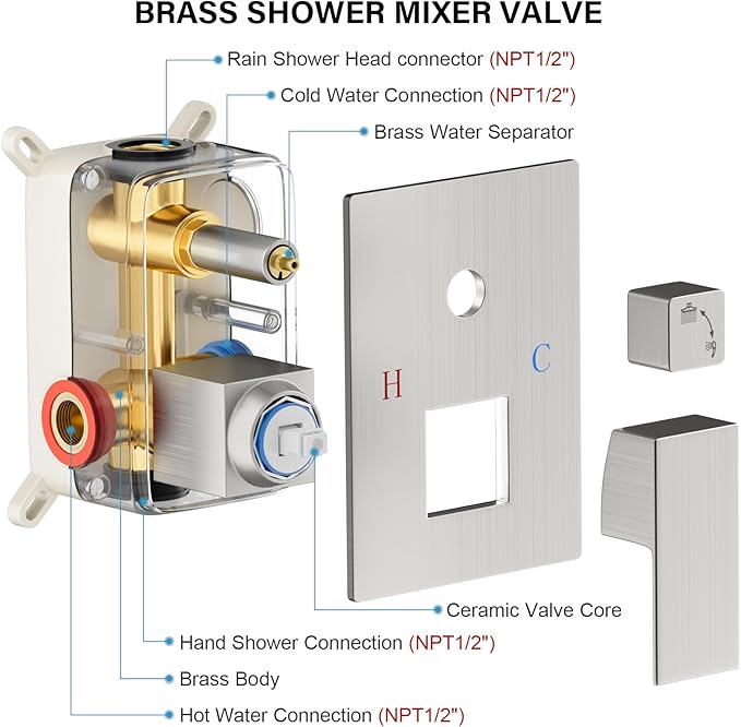 FPXRNG Shower Faucet Set Bathroom Square Rain Shower Head and Handle Set, Wall Mounted Shower Fixtures, Full Metal Trim Repair Kit 10 inch Brushed Nickel (With Shower Valve)