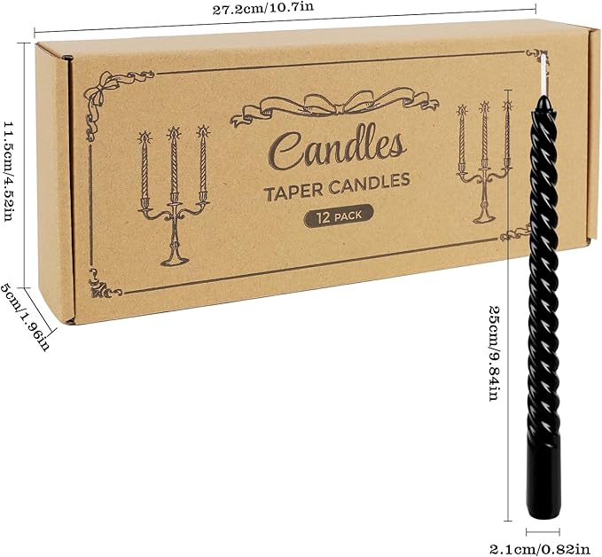 WPONSZU 10 Inch Black Spiral Taper Candle Set, 12 Pack Unscented Dripless Candlesticks for Halloween,Dinner,Party Brithday Wedding and Home Decoration