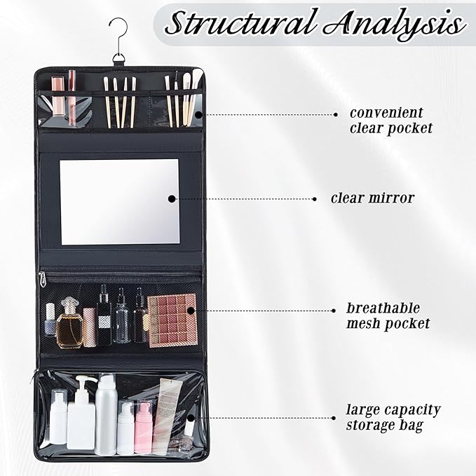 Travel Hanging Toiletry Bag with Mirror Leather Travel Hanging Mirror Foldable Dance Competition Makeup Bag Backstage Cosmetic Organizer for Traveling Dancers Spa(Classic,Black)