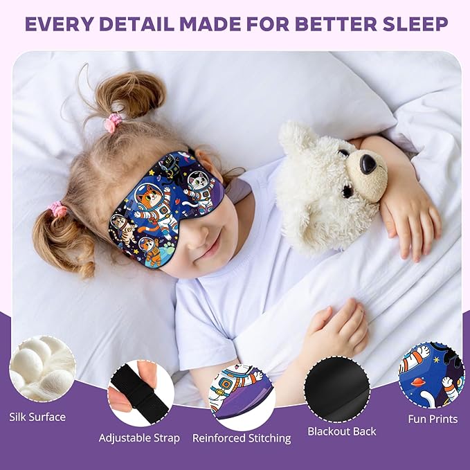 Kids Silk Sleep Mask: 100% Mulberry Silk Eye Mask with Adjustable Strap, Soft Blackout Boys Girls Sleeping Mask, Cute Printed Blindfold for Travel/School/Bed, Gift for Ages 5–15 (Space Cat Style)