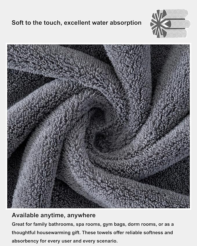 sakano 4-Piece Bath Towel Set,Quick-Dry Absorbent Lint Free & Launder Soft Coral Velvet Microfiber Towels for Bathing, Fitness, Spa, and Guest Use -Dark Gray, 28 x 55 inches