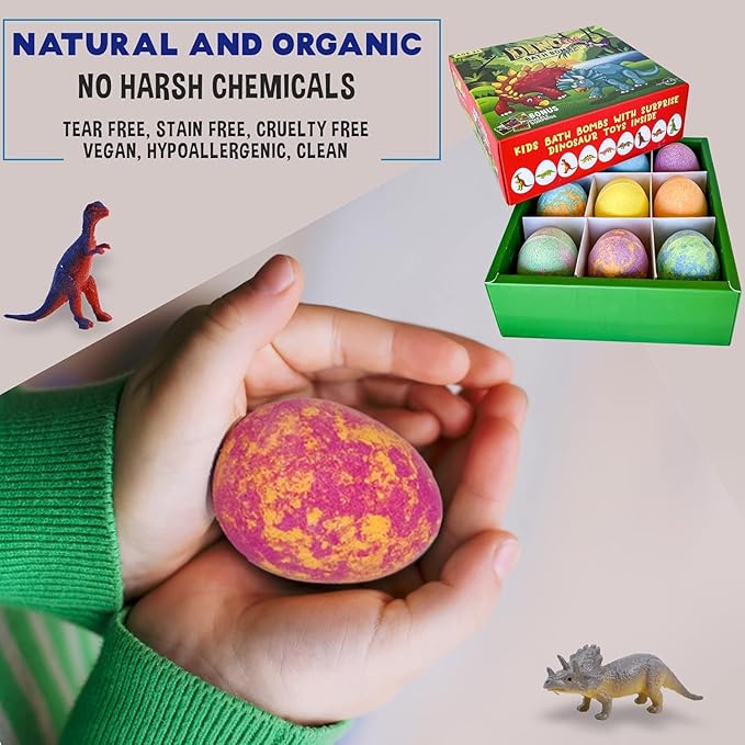 Bath Bombs for Kids with Surprise Toys Inside Plus Dinosaur Puzzle - Set of 9 Organic Dino Egg Bath Bombs with Rich Bubbles, Birthday Gifts for Kids