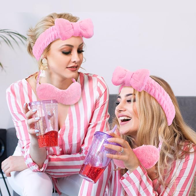 Moucuny 42 Pcs Summer Spa Sleepover Party Supplies Bulk for Women Include 6 Pink Hairbands 6 Eye Masks 12 Wristbands 6 Bath Loofahs 6 Pairs Disposable Slippers 6 Organizer Bags(Classic)