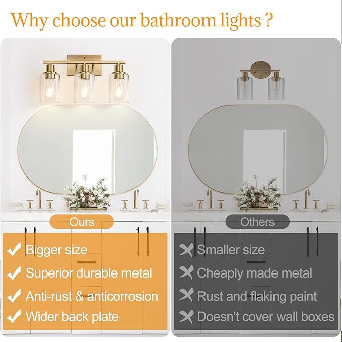 Indoi 3 Light Bathroom Light Fixtures, Brass Vanity Lights for Bathroom with Clear Glass Shades, Modern Bathroom Wall Sconces for Mirror Living Room Cabinet