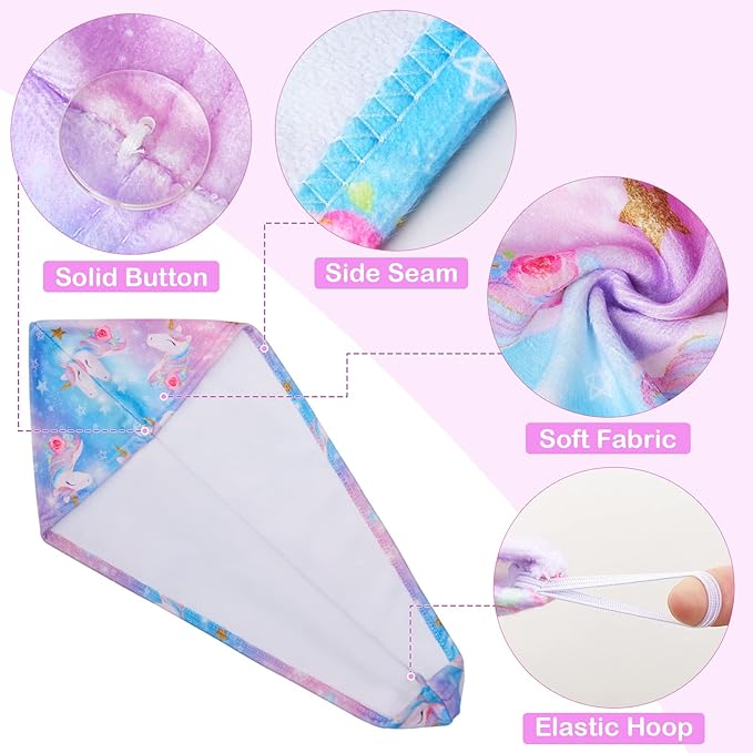 FIOBEE Microfiber Hair Towel Wrap for Kid Rapid Drying Towel Absorbent Hair Turbans for Wet Hair with Button Women Girls Long Curly Hair Pack of 2, Rainbow