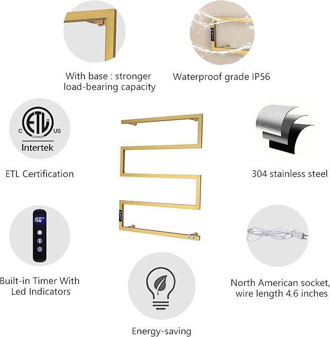 Towel Warmer Rack for Bathroom with Timer/Fahrenheit Temperature Control Wall Mounted Electric Heated 5 Bar Rail Plug-in or Hardwired Keep Bath Shower Towel Warming (Brushed Gold)