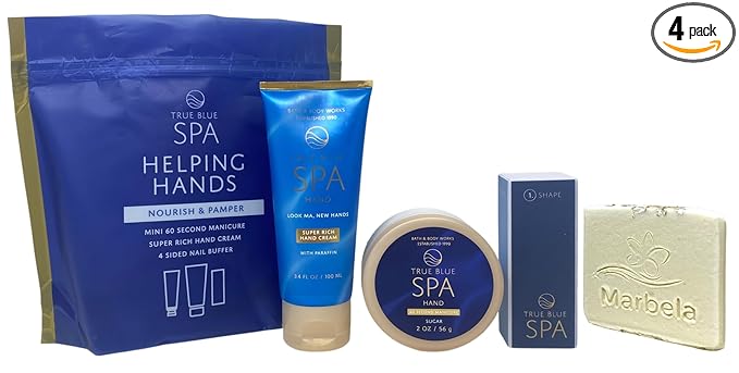 Bath & Body Works Spa Helping Hands True Blue Spa Gift - Super Rich Hand Cream, 60 Second Manicure Hand Scrub and 4-sided nail buffer - Travel Size - with a Natural Oats Sample Soap