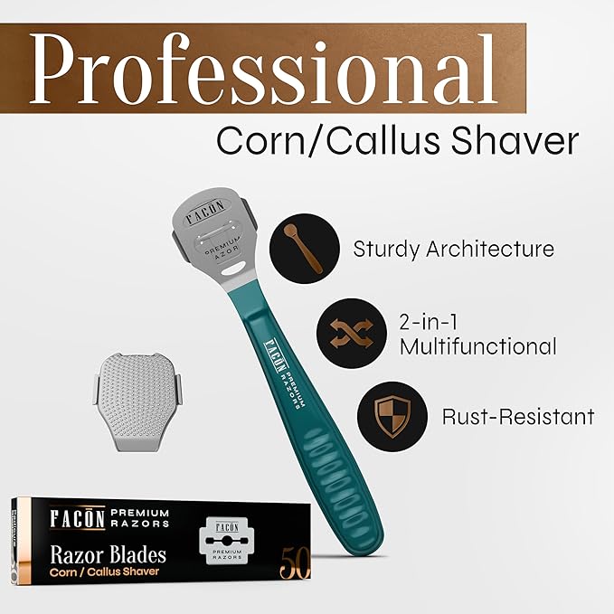 Facón Professional Callus Shaver Remover with 50 Blades, Pedicure Razor for Feet & Hands, Foot Razor for Callus Removal, Callus Blade Remover, Corn Shaver, Surgical Grade Premium Stainless Steel Tool