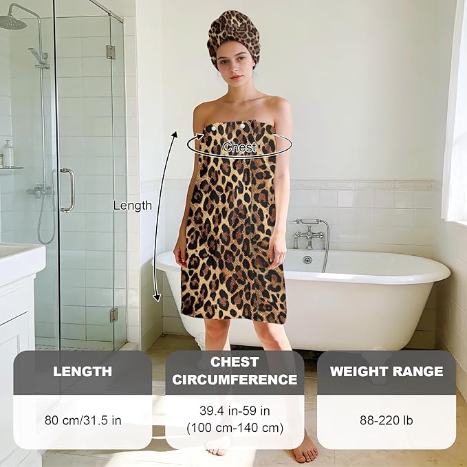Absorbent Leopard Print Bath Towel Wrap Set for Women, Leopard Print Towel Wrap After Shower, Microfiber Shower Robe Body Towel Wraps for Women, Quick Dry Hair Towels Wraps for Spa Hotel Beach