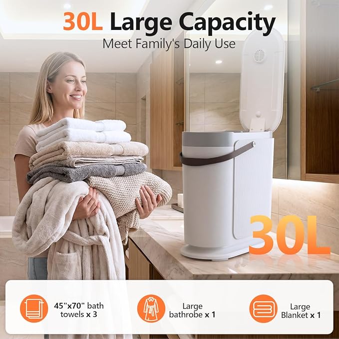 30L Large Towel Warmer, Rapid Dry & Heated 2 in 1 Towel Warmer Bucket for Bathroom, Fits Up to Three 45"X70" Oversized Towels or One Large Blanket, 24-Hour Timer and Auto Shut Off, White