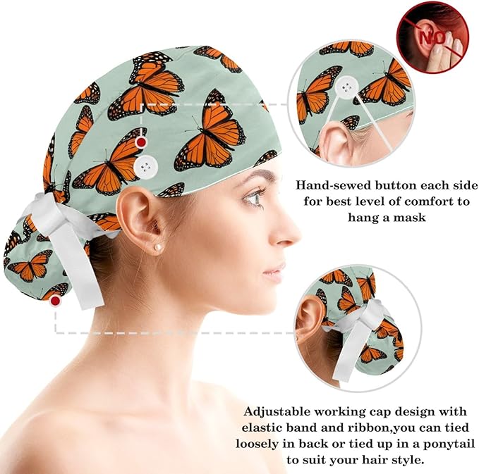 Scrub Caps Women Ponytail Cute Pink and White Leaves Caps Bouffant Working Hat Elastic Tie Back Hats with Button