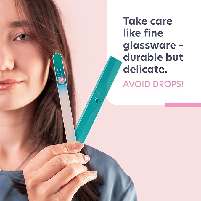 Bona Fide Beauty Glass Nail File with Case (Aqua) - 1 Piece Luxurious Gifts for Women, Crystal Etched Nail File for Natural Nails