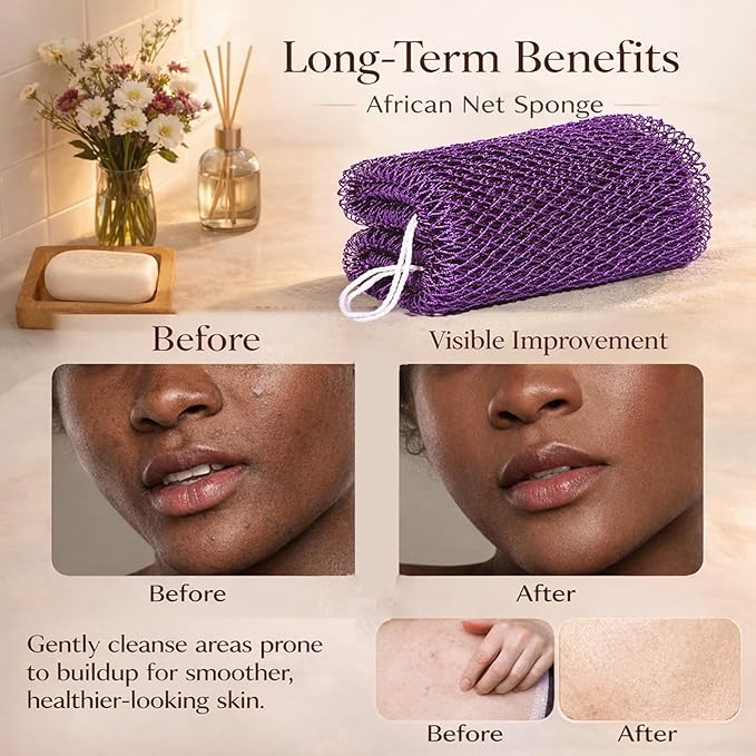 African Net Sponge Authentic, 4 Pieces African Exfoliating Net Sponge Body Back Scrubber Exfoliating Washcloth for Shower Bath for All Types Skin (Black+Purple+Pink+Green, 4 Pcs)