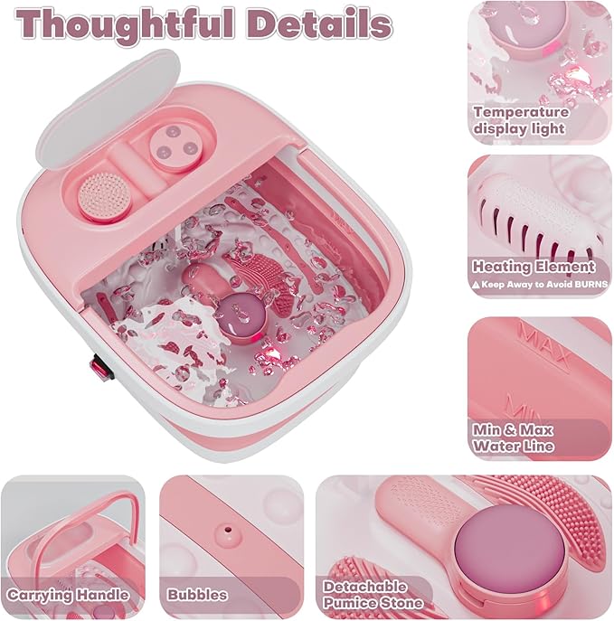 Collapsible Foot Spa Bath Massager with Heat, Remote, Temperature Control, Timer, Foot Soaking Tub with Pedicure Kit & 3 Attachments, Pedicure Foot Spa for After Work Relaxation (Pink)