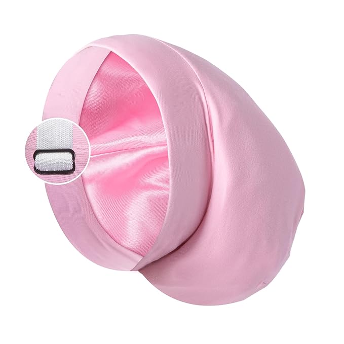Satin Bonnet Silk Lined Sleep Cap- Adjustable Hair Cover for Women Men Frizzy Hair Night Cap Patients Care Pink