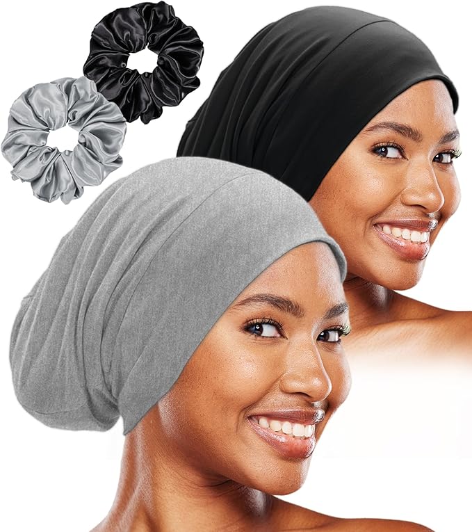 Sleep Cap Bonnet for Sleeping Black Women, Adjustable Cooling Ice Silk Lined Bonnet for Curly Braids Hair Cover Beanie Hat