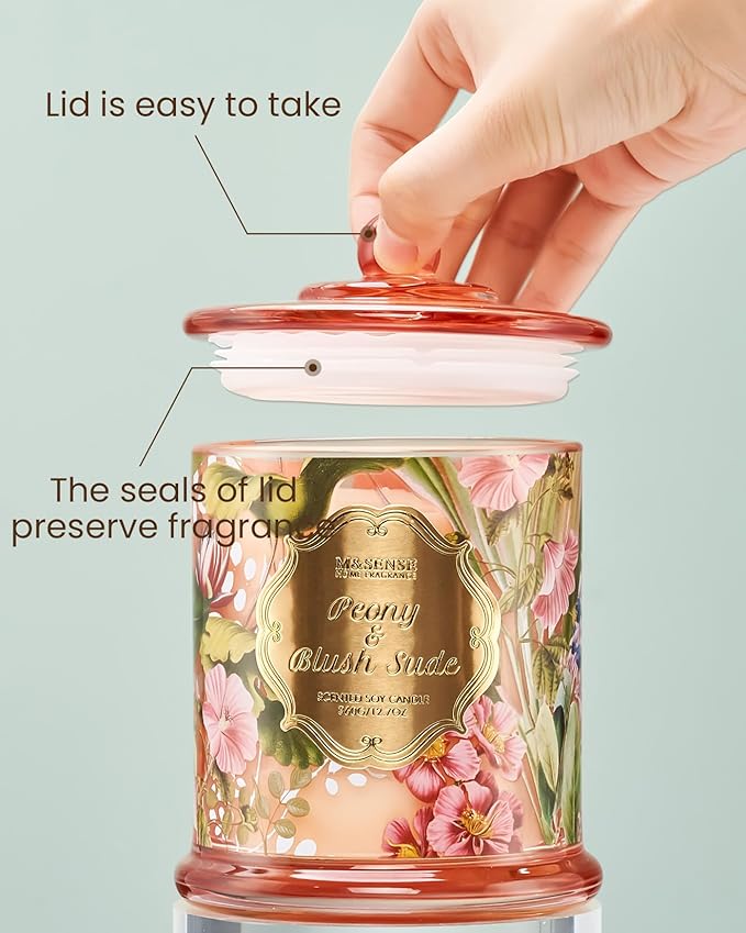 M&SENSE Peony Blush Sude Spring Floral Soy Candle, 12.7oz 75H Non-Toxic Large Jar Candle, Elegant Home Fragrance, Perfect Present for Mom Her