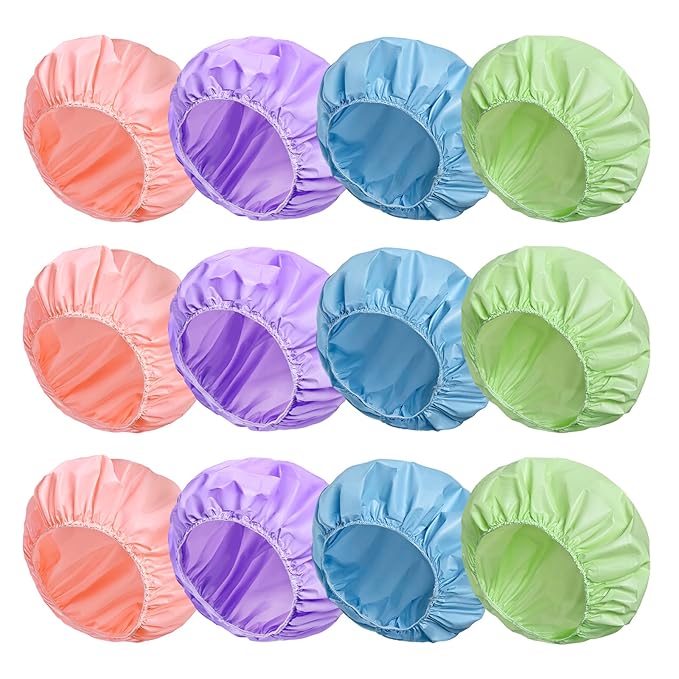 12 PCS Shower Caps for Women, Double Side Waterproof Shower Cap, Reusable Elastic Bath Caps for Shower, EVA Bathing Shower Caps, Bath Hair Caps - Set A (Purple+Pink+Blue+Green)
