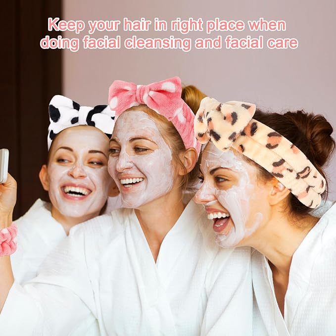 CIEHER 12 PCS Makeup Headband for Women Wrist Washband Scrunchies Cuffs for Washing Face, Soft Bow Hair Band Matching Wristbands, Cow, Leopard, Streaks, Polka dots