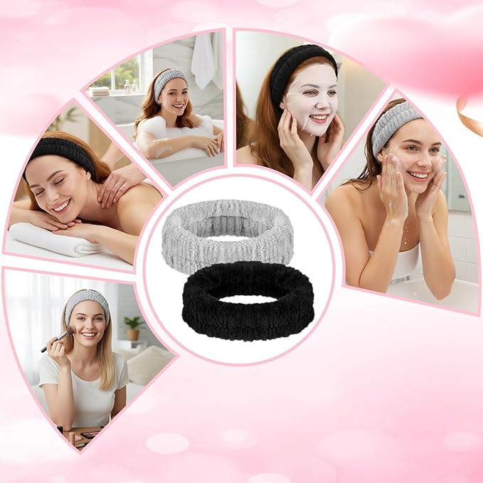 2PCS SPA Headbands, Make Up Headband Hair Headband for Face, Soft Puffy Terry Cloth Hairbands for Men Women's Facial Makeup, Washing, Face Mask, Spa & Shower (Black,Grey)