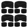 CIEHER 12 PCS Black Makeup Headband for Women Wrist Washband Scrunchies Cuffs for Washing Face, Soft Bow Hair Band Matching Wristbands, Spa Headband Coral Fleece