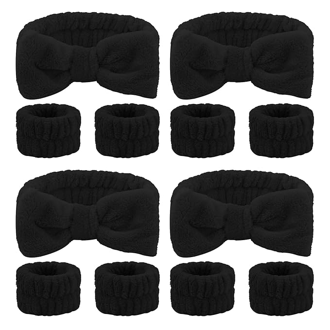 CIEHER 12 PCS Black Makeup Headband for Women Wrist Washband Scrunchies Cuffs for Washing Face, Soft Bow Hair Band Matching Wristbands, Spa Headband Coral Fleece