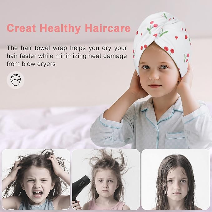 Unicorn Castle Microfiber Hair Towel for Kids 2Pack Hair Wrap Towels Absorbent Hair Drying Towel Wrap Hair Turbans for Curly Thick Hair, Pink White Cherry