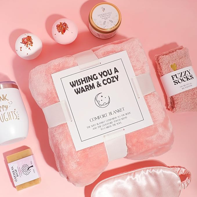 Gifts for Women, Unique Care Package Self Care Gifts for Women with Luxury Flannel Blanket, Relaxing Spa Gift Box, Thinking of You Basket for Her Sister Best Friends